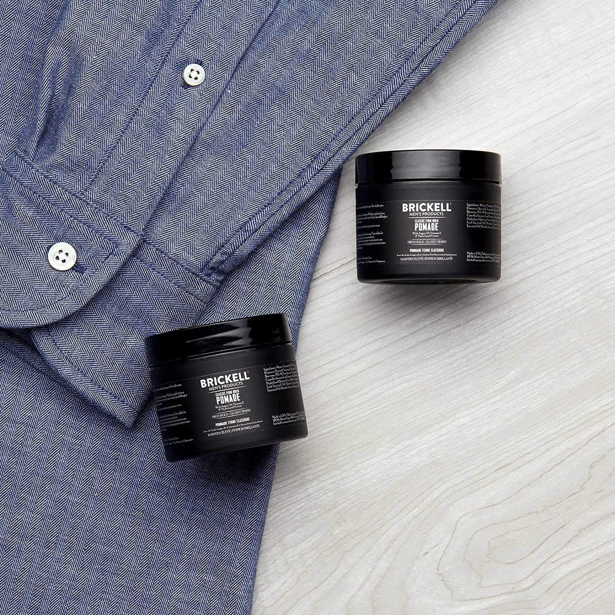 Brickell Men's Products close-up texture of pomade showing smooth glossy consistency benefit