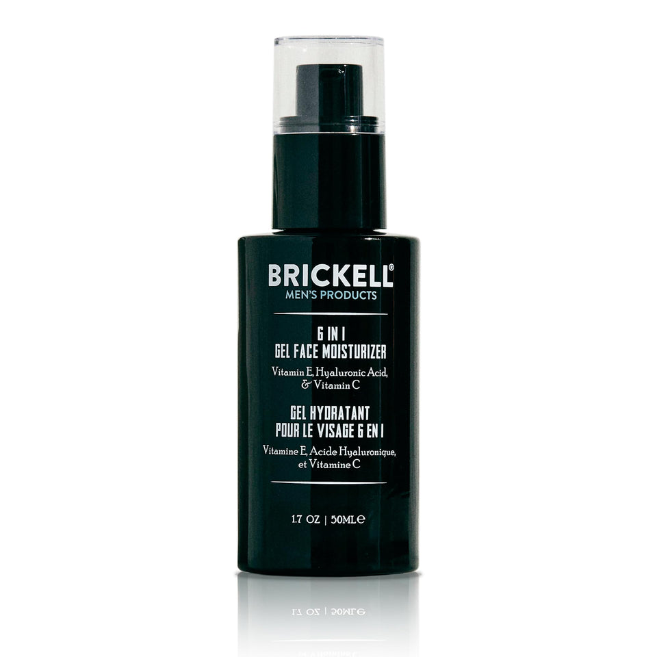 Brickell Men's Products front packaging showing 6-in-1 gel moisturizer benefits