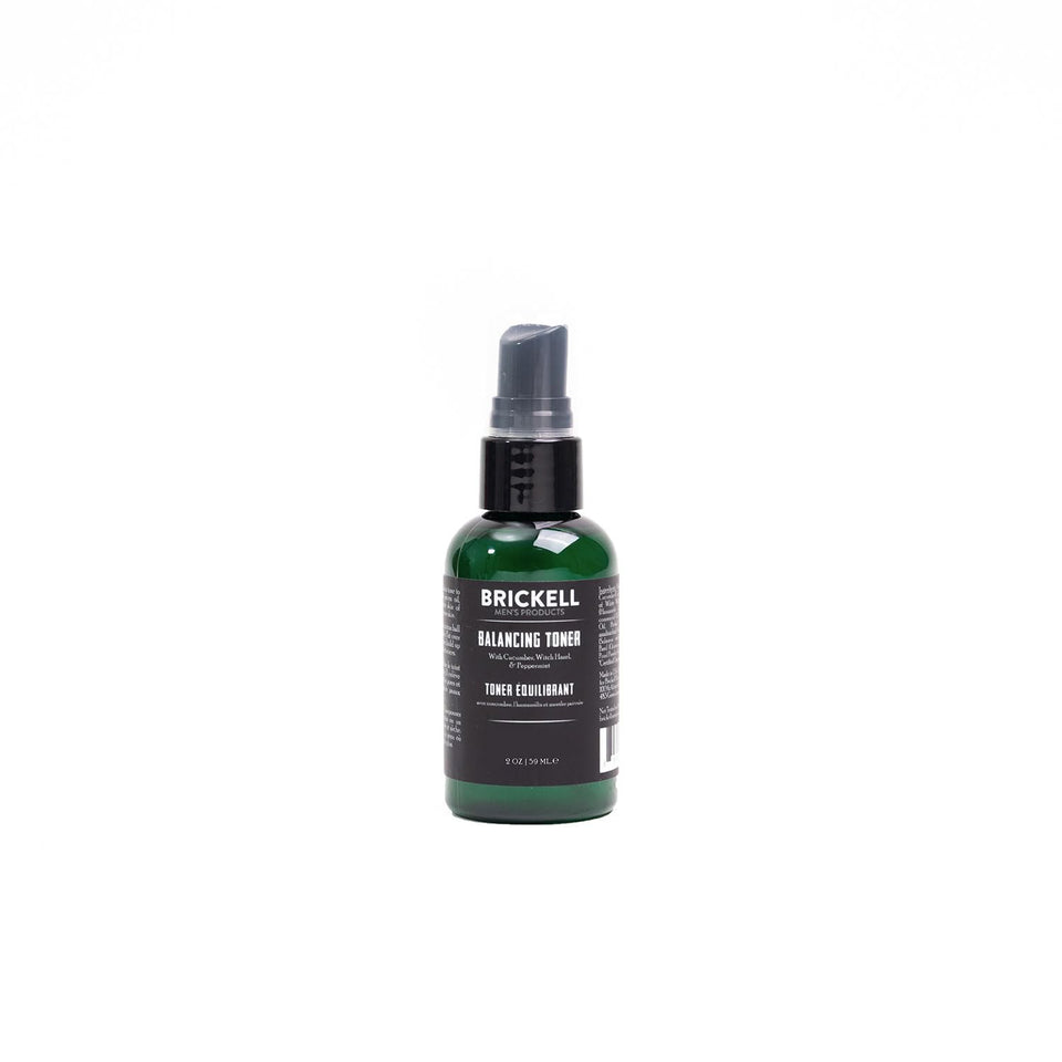 Brickell Men's Products balancing toner front bottle showing packaging and size benefit