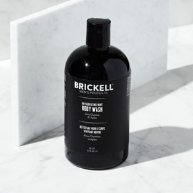 Brickell Men's Products label close-up highlighting ingredients and clear pump benefit