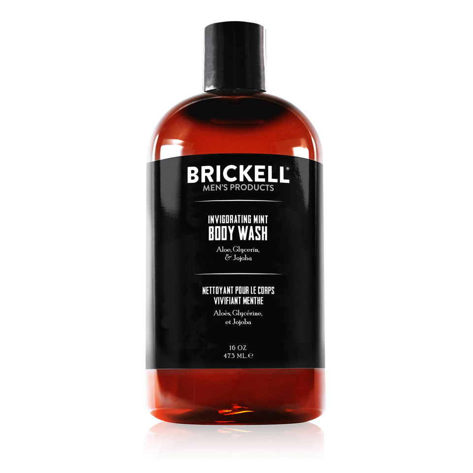 Brickell Men's Products front packaging showing 16 oz bottle and mint scent benefits
