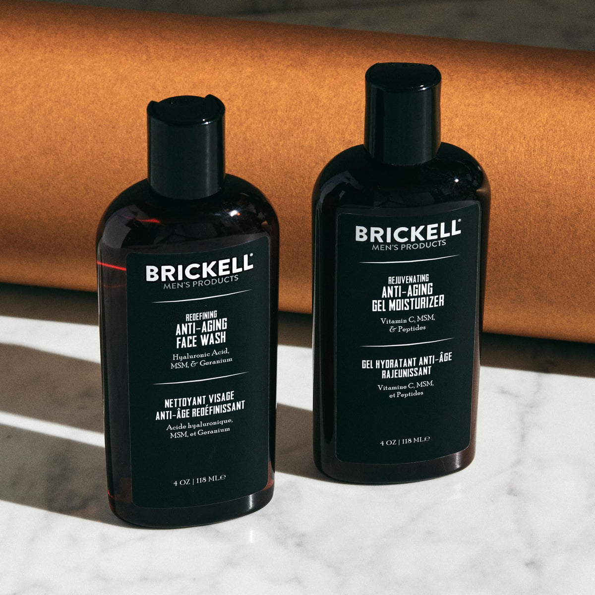 Brickell gel moisturizer pump detail showing easy dispensing and quick-absorbing benefit