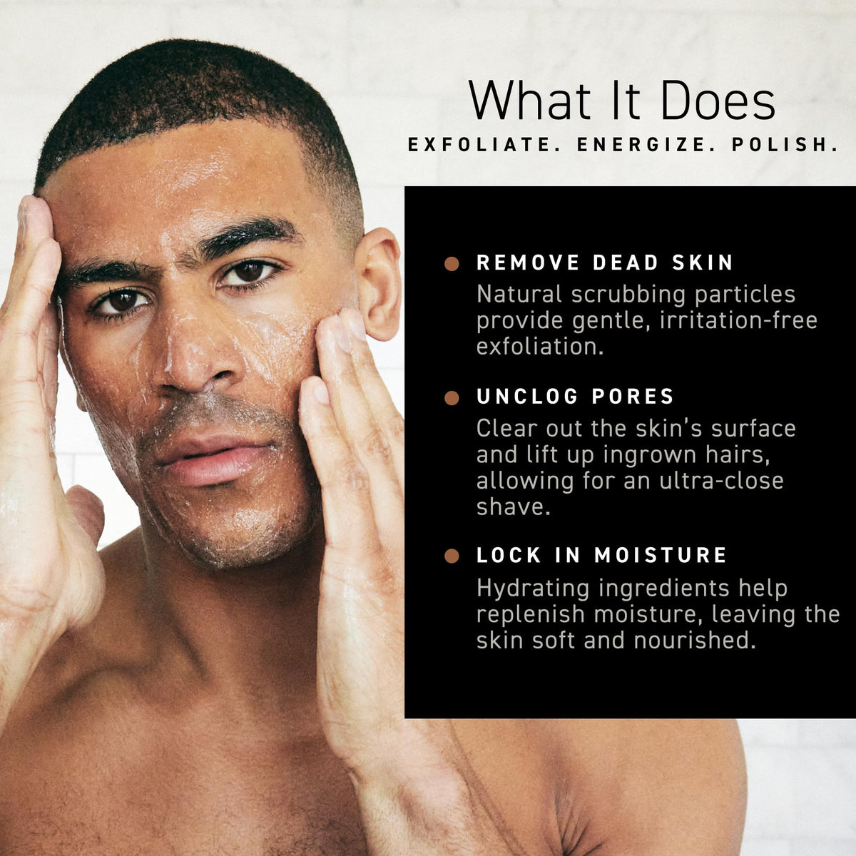 Brickell close-up of pumice and jojoba beads highlighting effective mechanical exfoliation