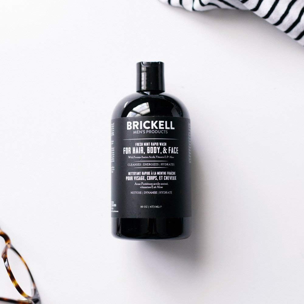 Brickell Men’s Rapid Wash gel texture on hand showing moisturizing feel