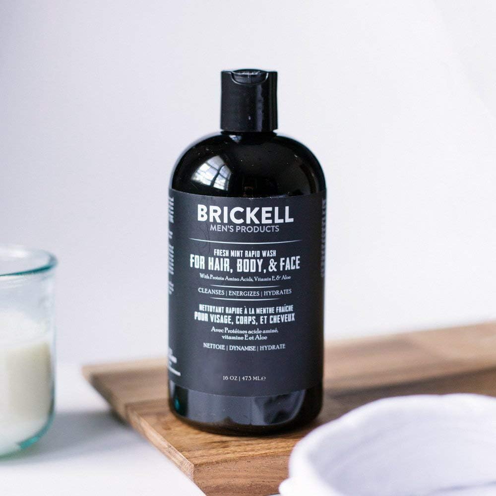 Brickell Men’s Rapid Wash label close-up highlighting ingredients and pump