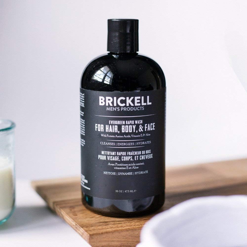 Brickell Men’s Rapid Wash pump and gel texture highlighting easy dispensing