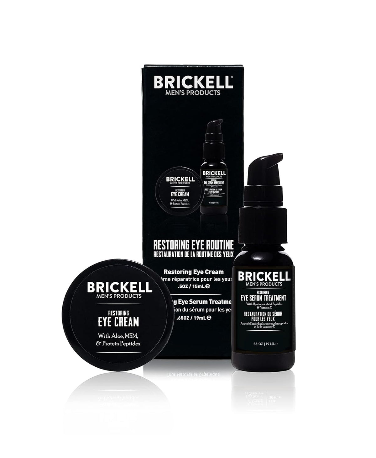 Brickell Men’s Products front packaging showing the restoring eye routine benefits