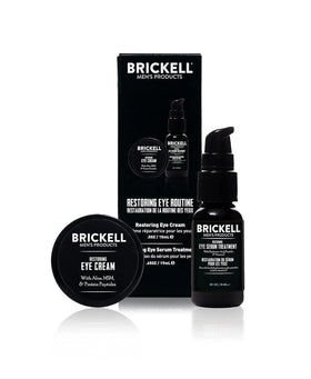 Brickell Men’s Products front packaging showing the restoring eye routine benefits