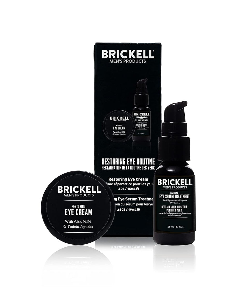 Brickell Men’s Products front packaging showing the restoring eye routine benefits