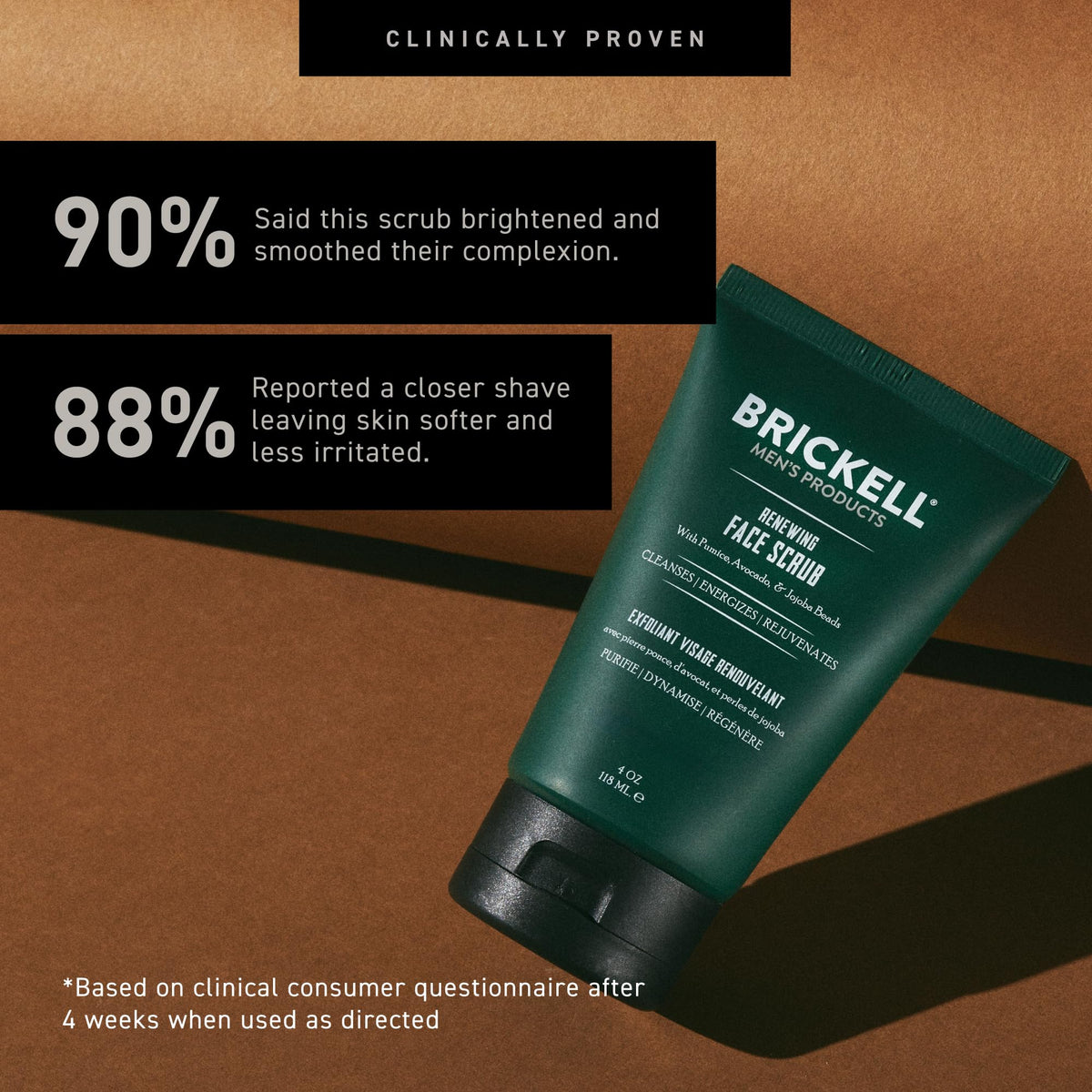 Brickell scrub being applied to wet hand illustrating easy spreadability and prep for shave