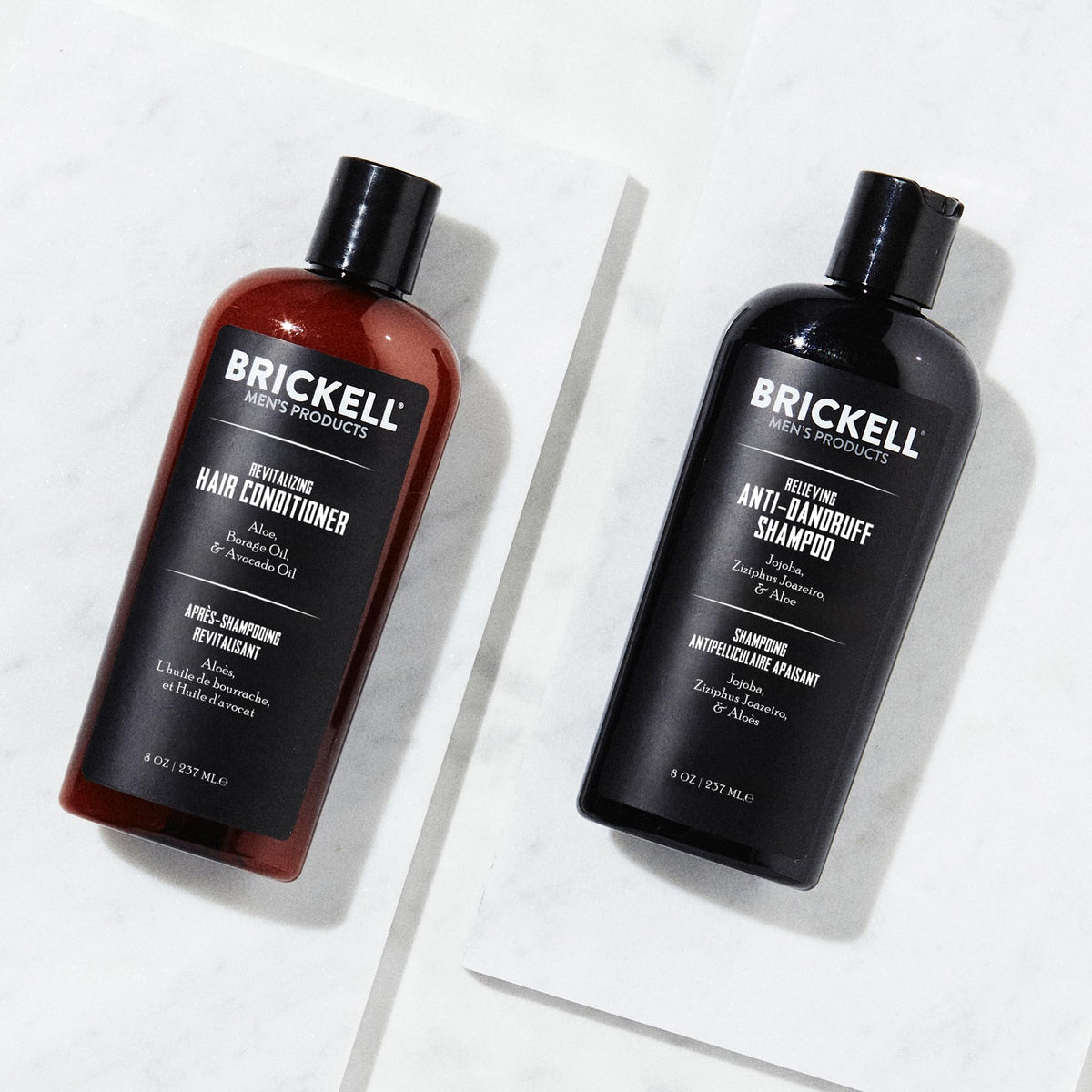 Brickell shampoo texture closeup highlighting exfoliating formula and gentle cleanse