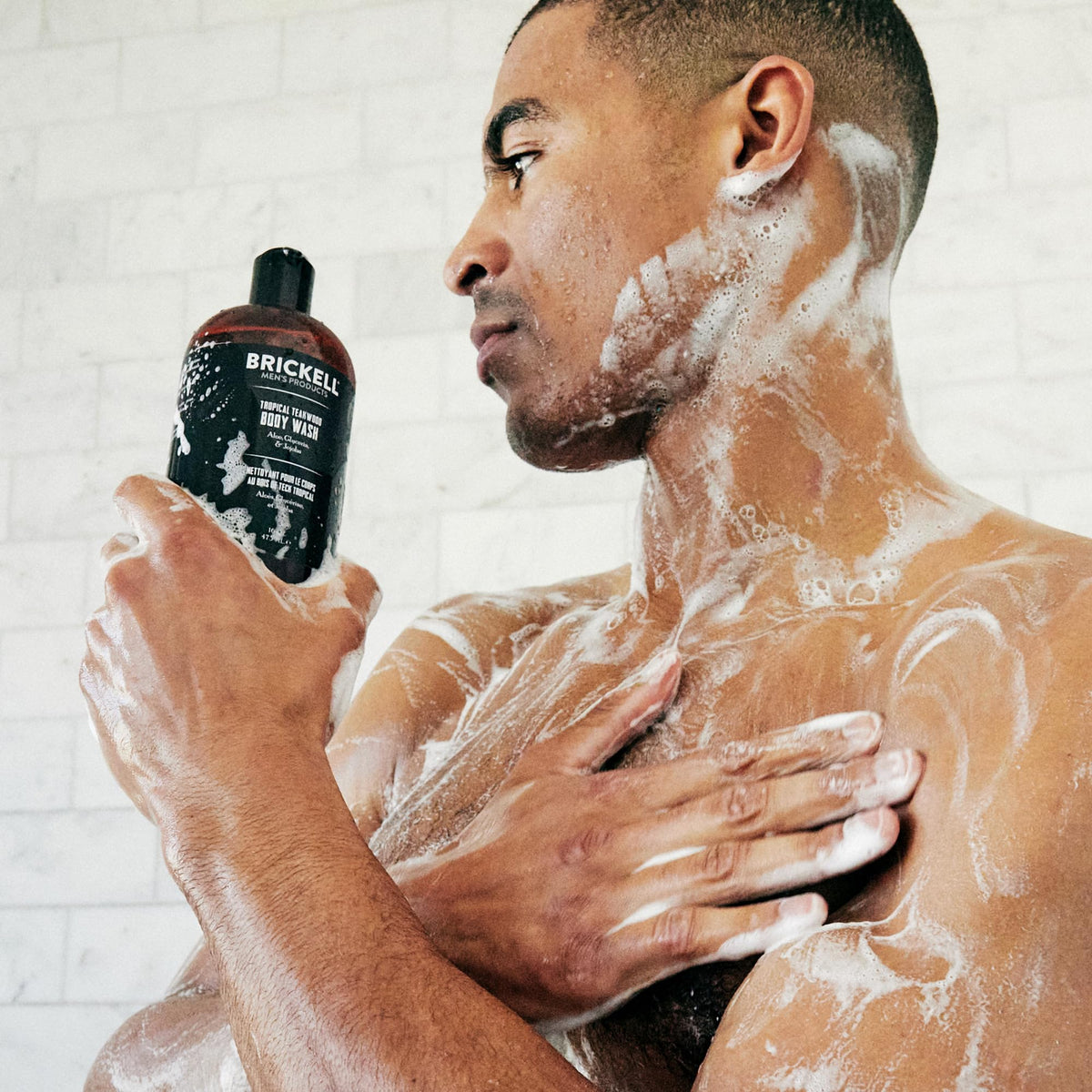 Brickell Men’s lather texture close-up showing rich foam and gentle cleanse