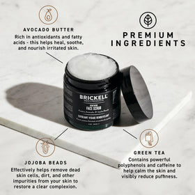 Brickell tube opened revealing scrub texture with beads to demonstrate exfoliating action