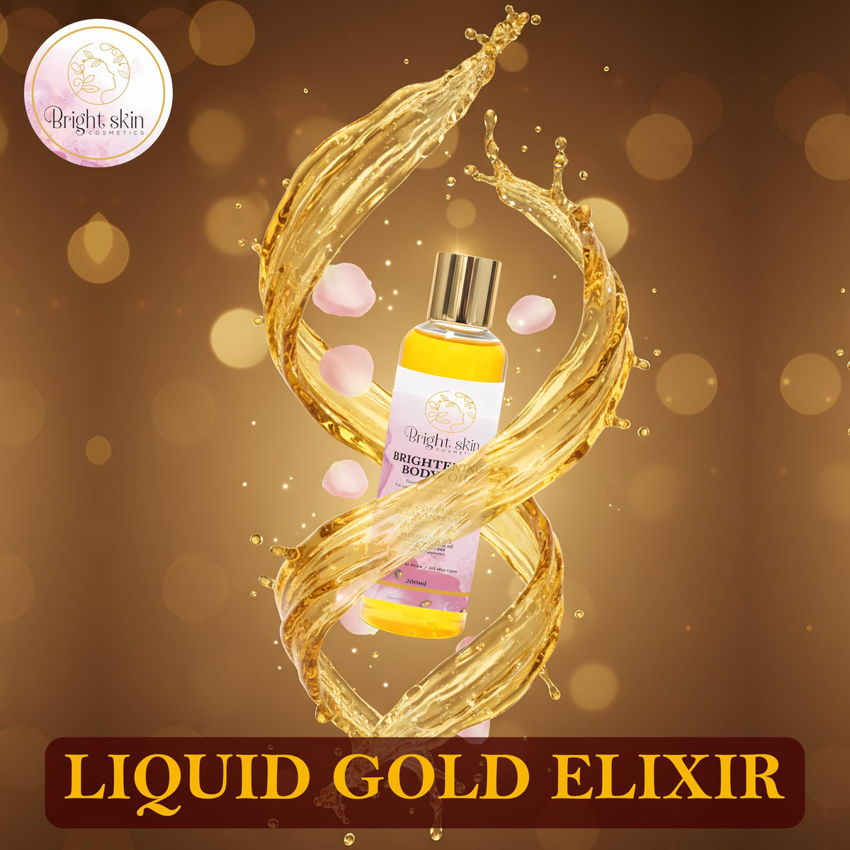 Bright Skin Cosmetics pouring oil onto hand to show application and quick moisturizing benefit