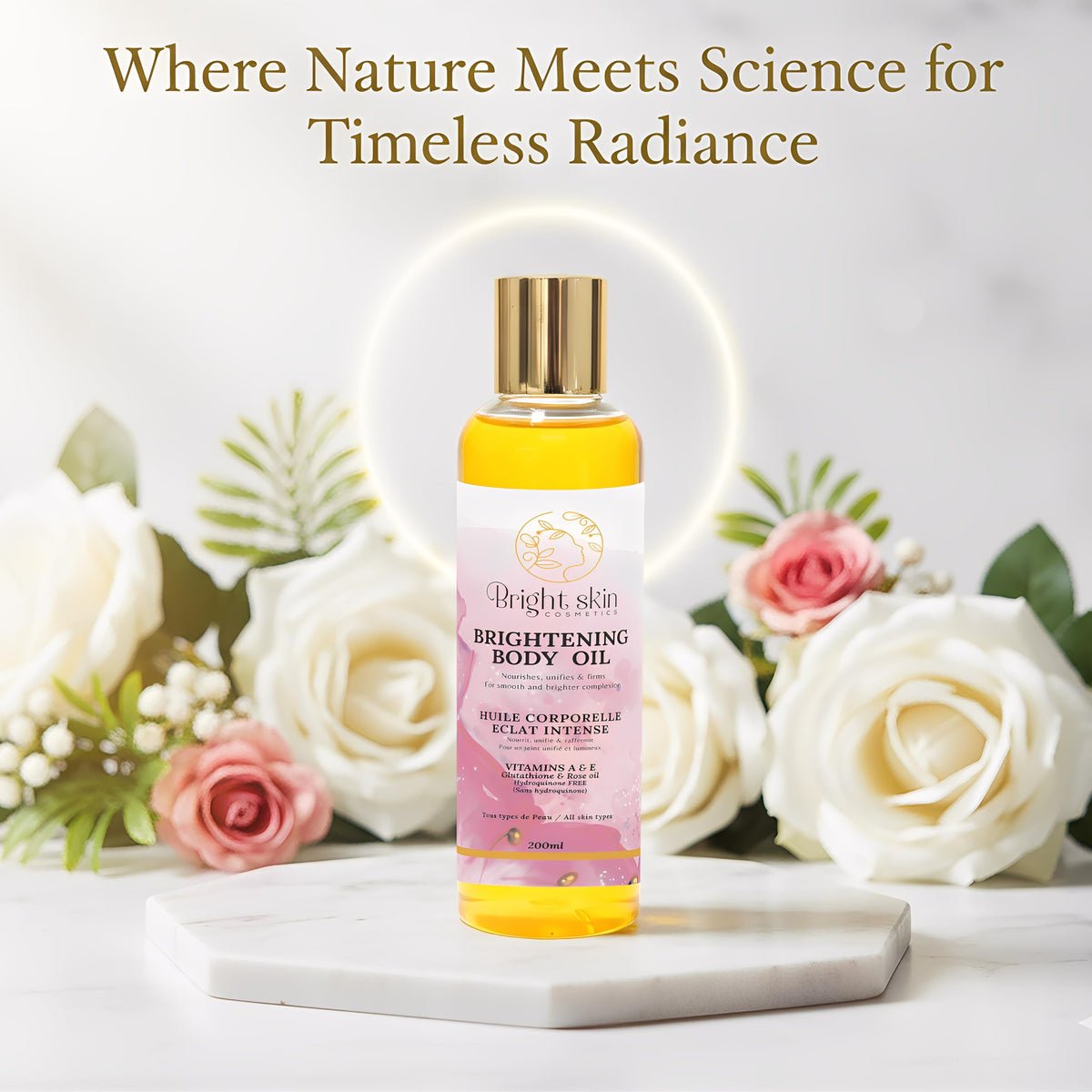 Bright Skin Cosmetics texture close-up drop highlighting lightweight oil and fast absorption benefits