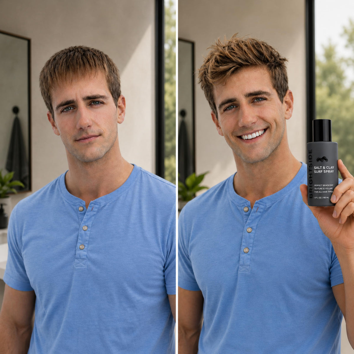 BRIGHTSIDE model with beachy textured hair demonstrating fuller-looking volume