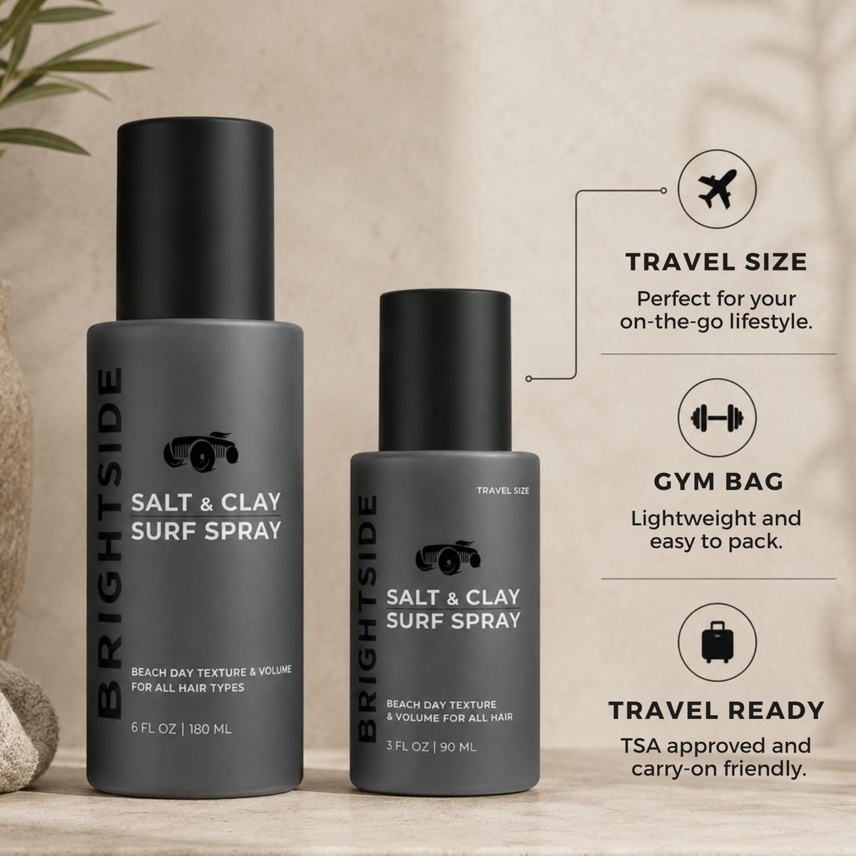 BRIGHTSIDE bottle packed in travel bag conveying on-the-go styling ease