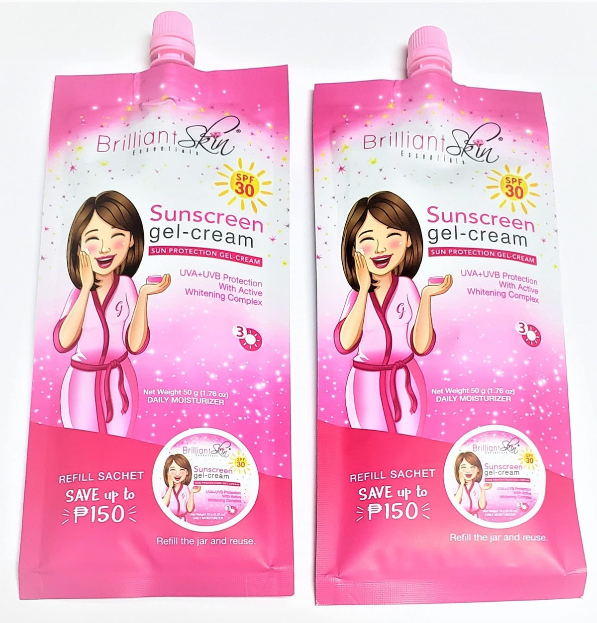 BRILLIANT SKIN ESSENTIALS front packaging showing sachet and SPF benefit