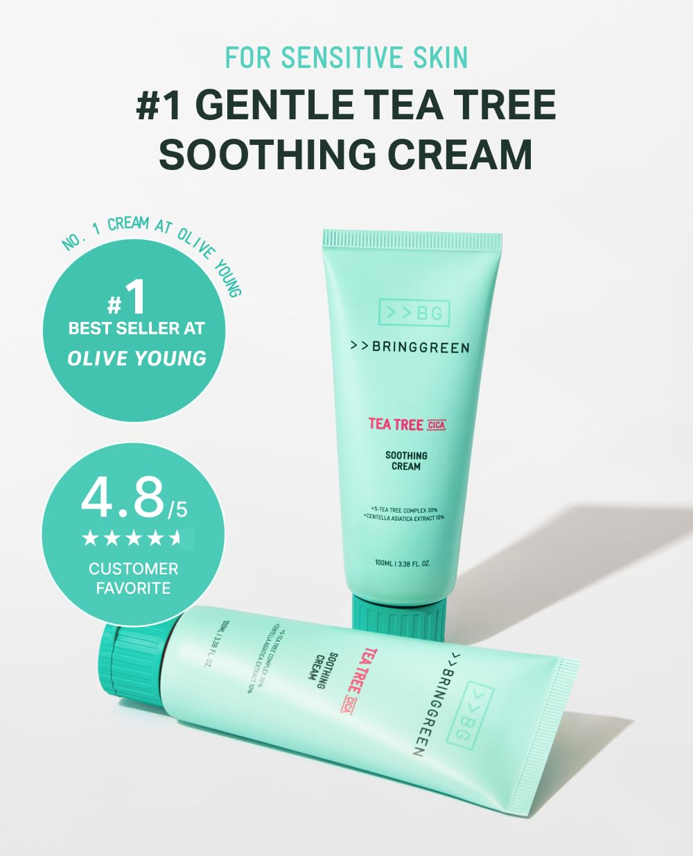BRING GREEN close-up label showing tea tree and cica ingredient focus