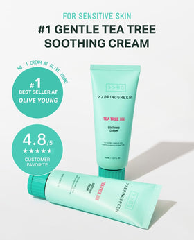 BRING GREEN close-up label showing tea tree and cica ingredient focus