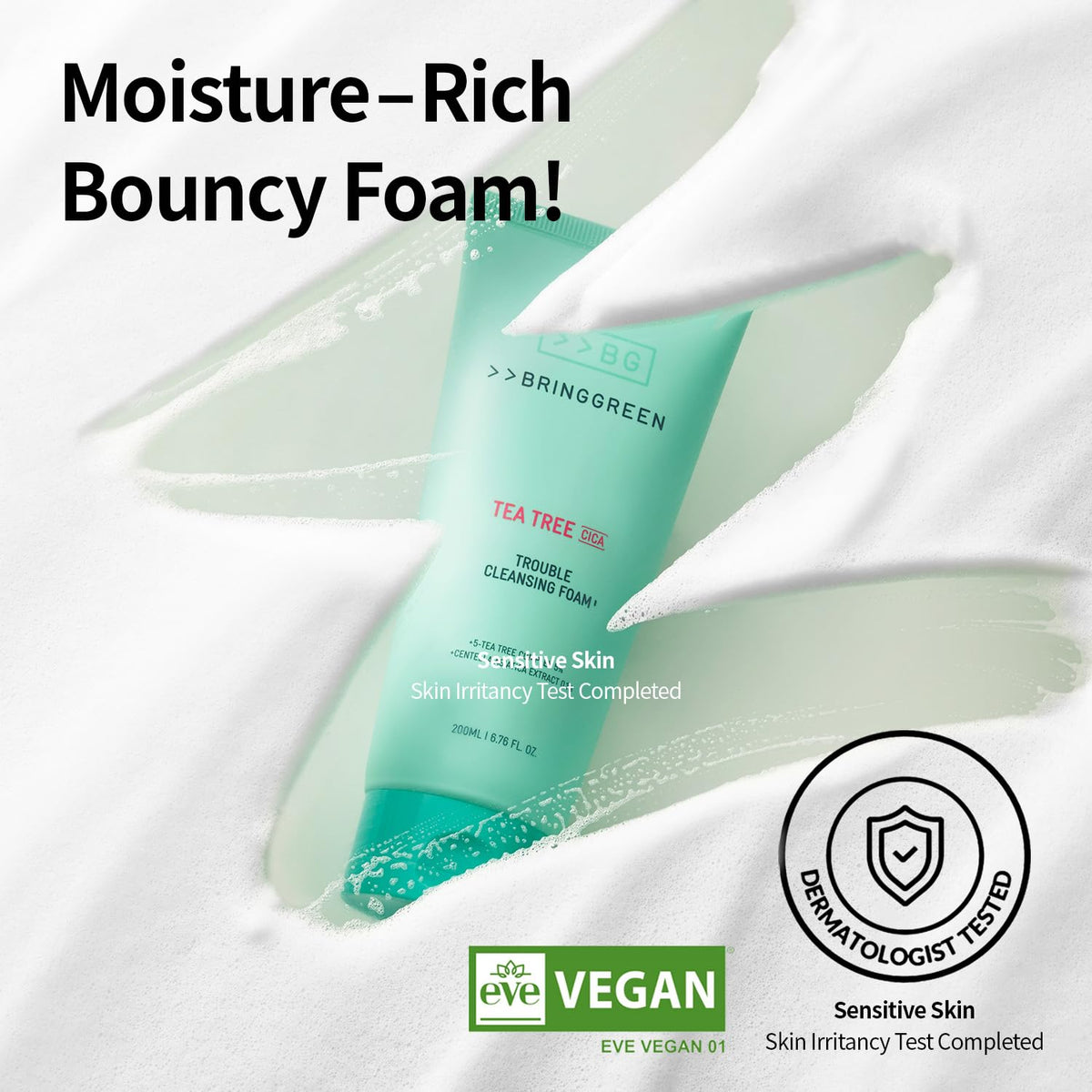 BRING GREEN foam lather on hand demonstrating gentle cleansing benefit