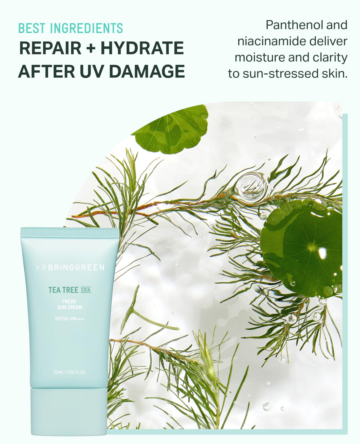 BRING GREEN ingredient label showing tea tree and CICA calming benefits