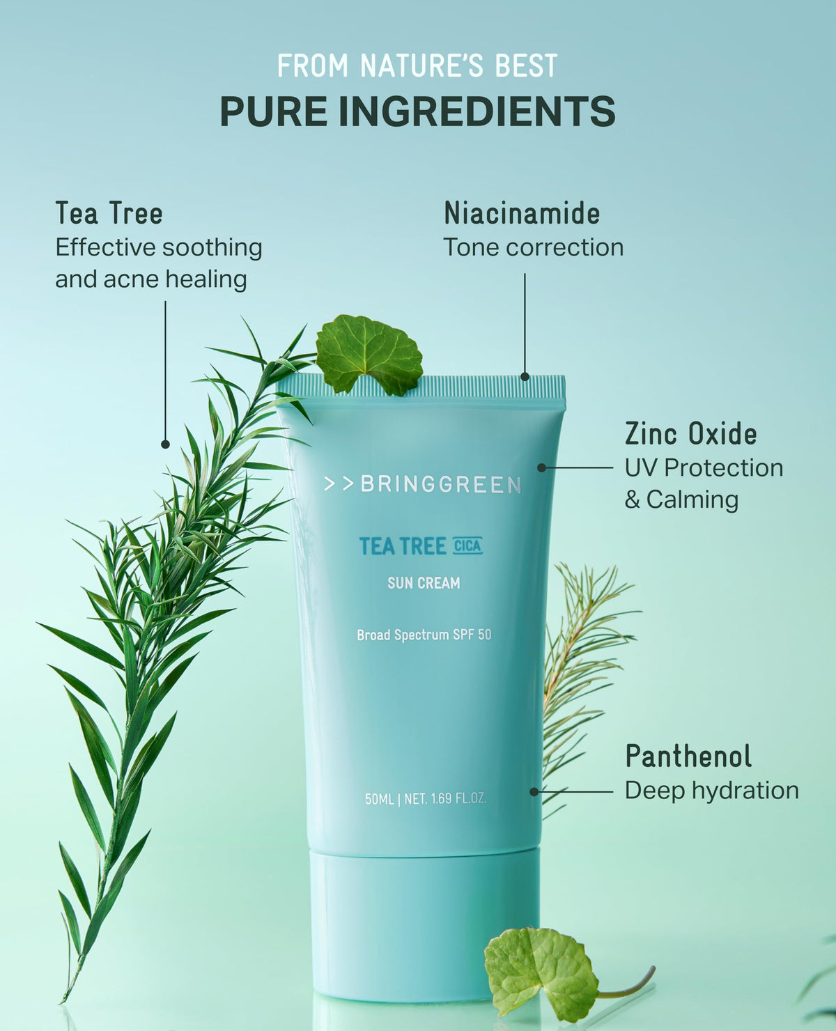 BRING GREEN in a beach bag setting highlighting reef-safe sun protection