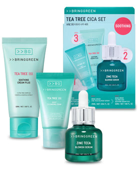 BRING GREEN front packaging of Tea Tree Cica Set shows full acne-care kit and benefits