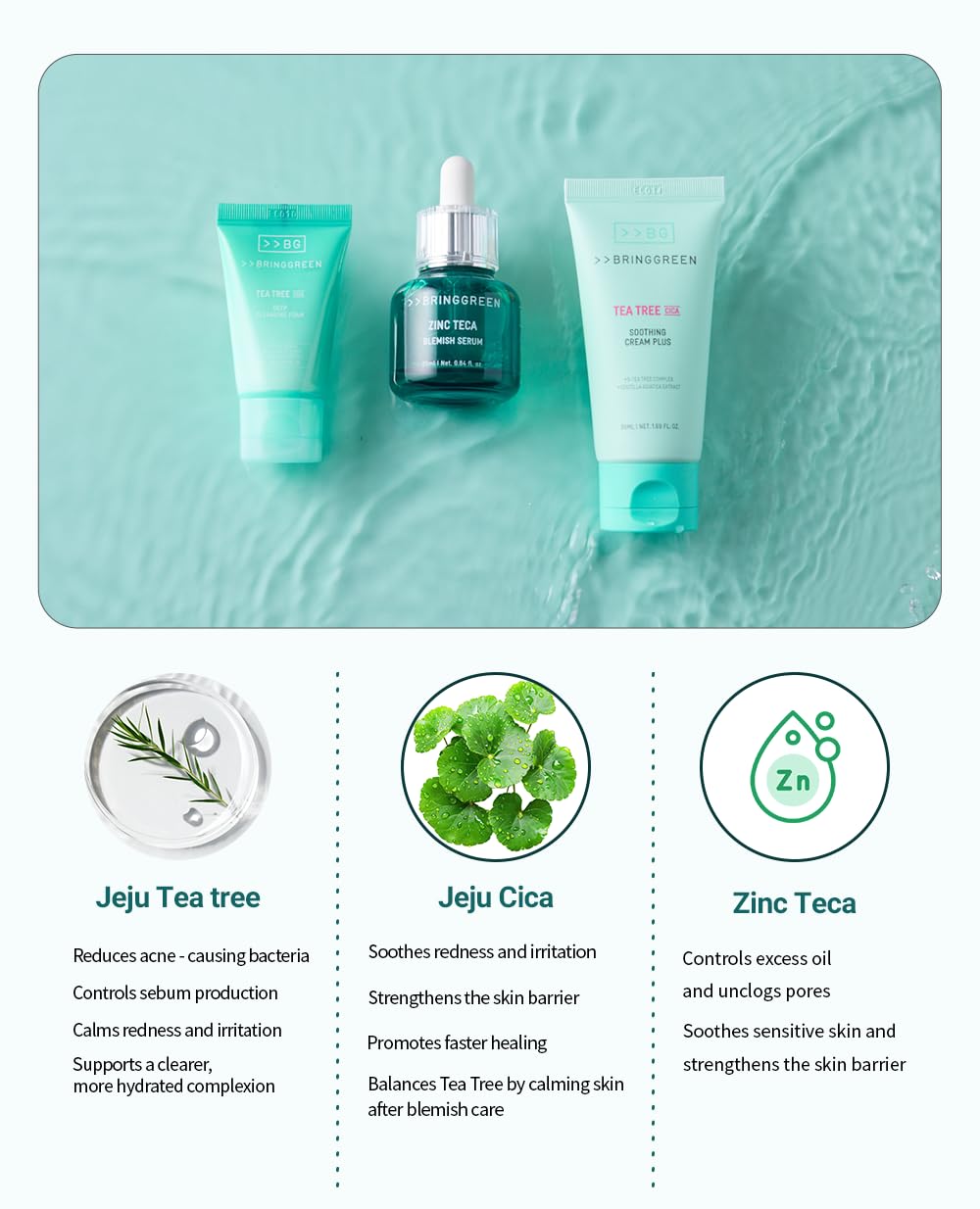 BRING GREEN tea tree and centella leaves ingredient shot emphasizing soothing properties