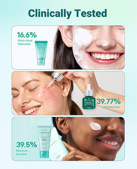 BRING GREEN skincare set on bathroom shelf lifestyle view conveying daily routine ease
