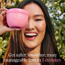 Briogeo before and after hair comparison showing increased shine and reduced frizz