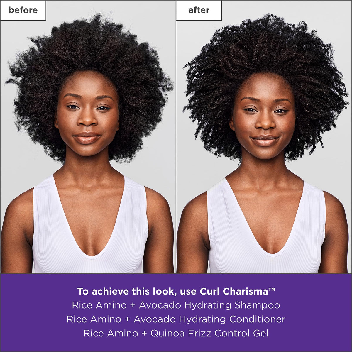 Briogeo before and after curls to show improved definition and softer texture