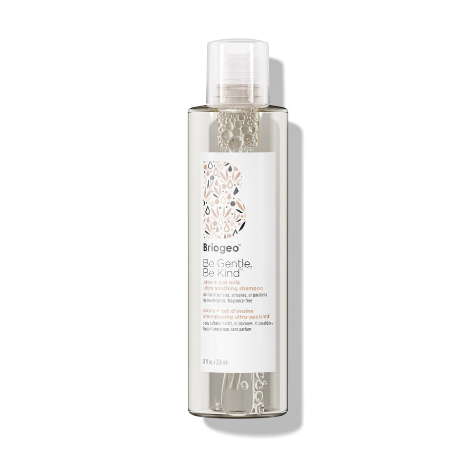 Briogeo front packaging showing shampoo bottle and clear product benefits
