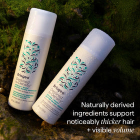 Briogeo ingredient focus with biotin and caffeine visuals highlighting nourishing actives