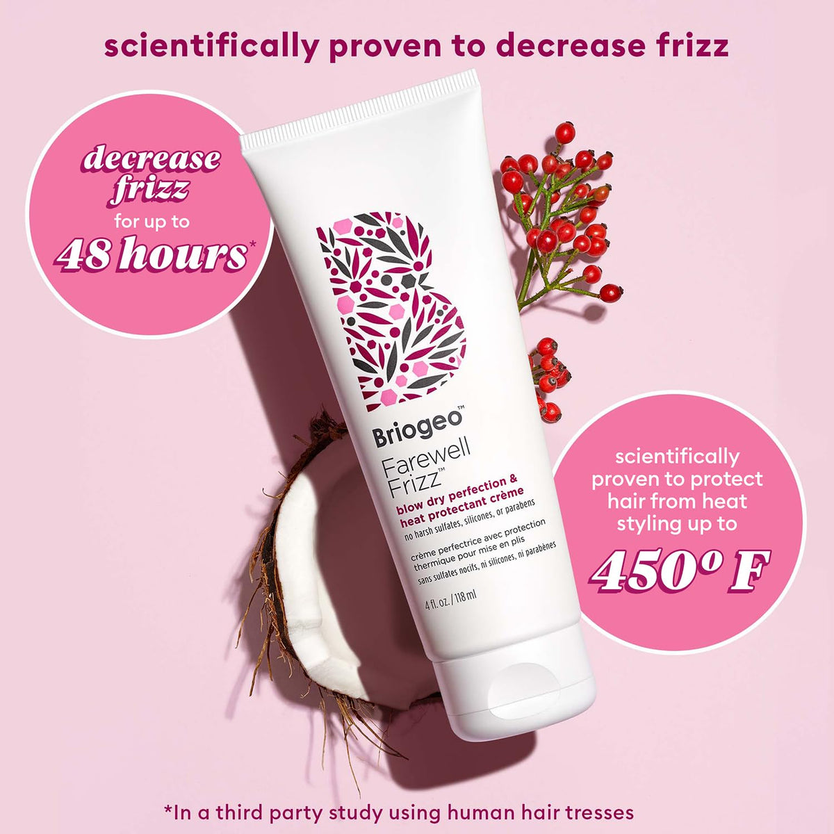 Briogeo ingredients label highlighting rosehip, argan, coconut oils and clean formula benefits