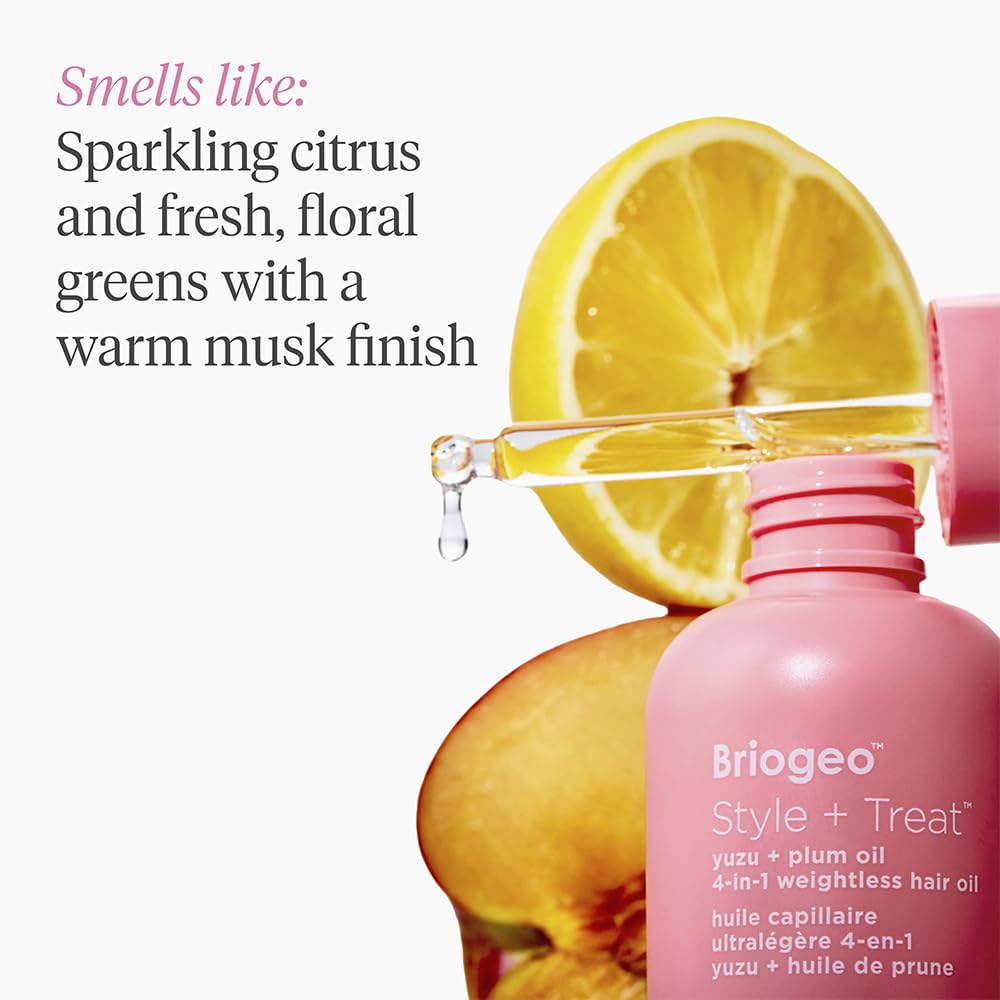 briogeo bottle positioned with blow dryer and iron to illustrate heat protection use
