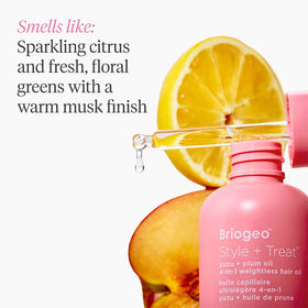 briogeo bottle positioned with blow dryer and iron to illustrate heat protection use