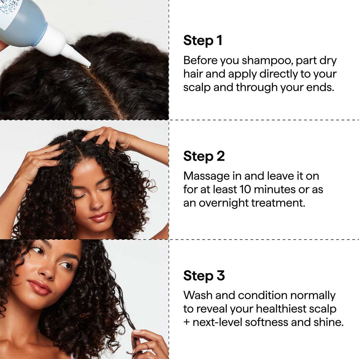 Application demo on scalp demonstrating targeted pre-wash massage for soothing relief