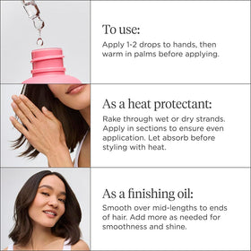 briogeo applying oil to damp hair showing protection before blow drying for heat styling