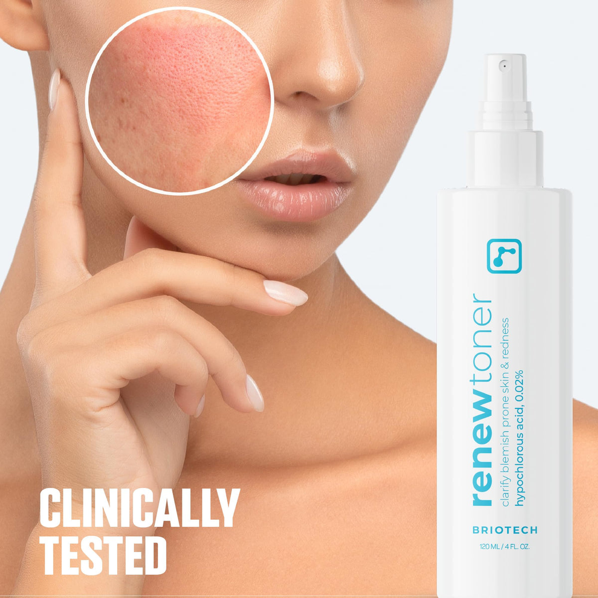 BRIOTECH applying toner to cheek demonstrating calming redness reduction