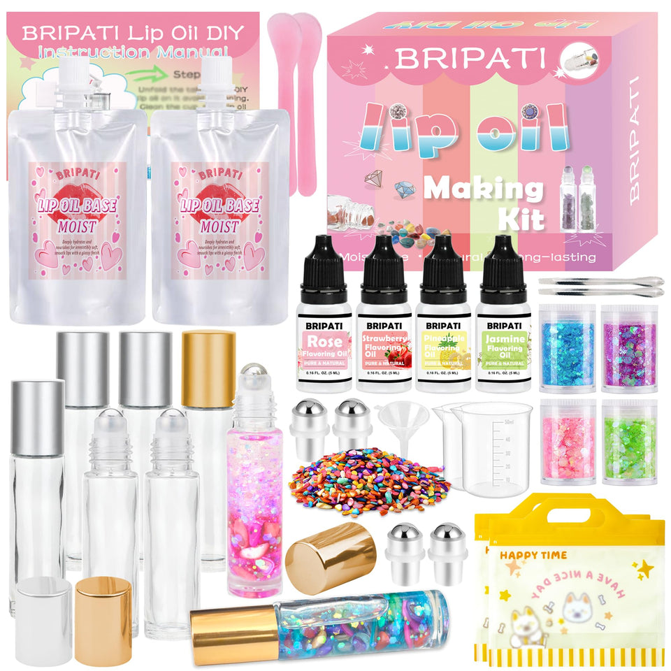 BRIPATI front packaging showing complete DIY lip oil kit and benefits