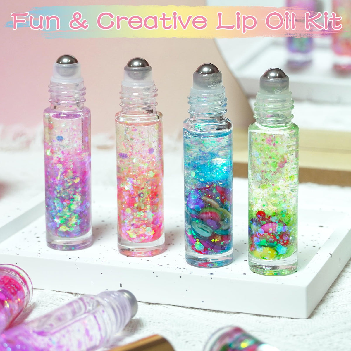 BRIPATI lifestyle gift display showing finished lip oils as thoughtful presents