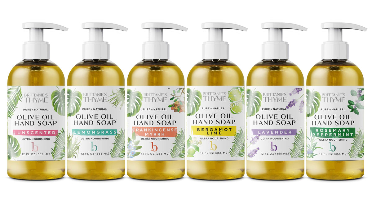 Brittanie's Thyme label close-up listing olive oil, coconut oil and essential oils benefits