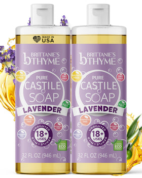 Brittanie's Thyme front packaging showing two 32oz lavender refill bottles and benefits