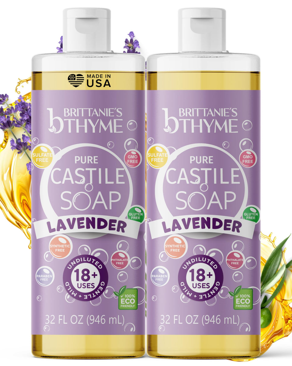 Brittanie's Thyme front packaging showing two 32oz lavender refill bottles and benefits