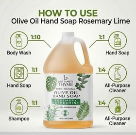 Brittanie's Thyme gallon next to hands to show true size and scale