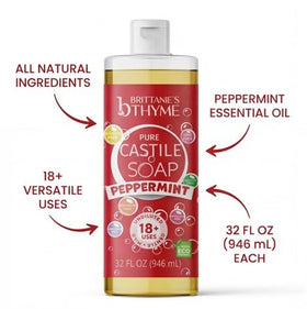 Brittanie's Thyme bottle next to fresh peppermint leaves conveying clean, natural scent