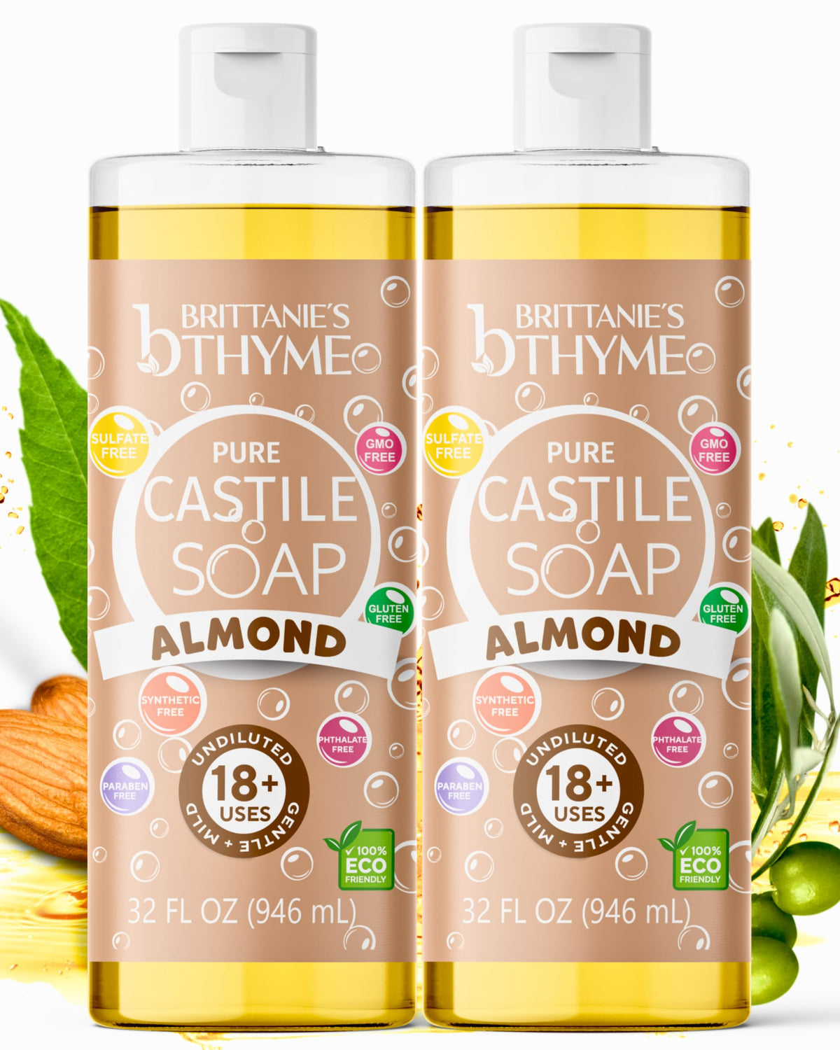 Brittanie's Thyme front packaging almond Castile soap shows bottle and almond scent benefits