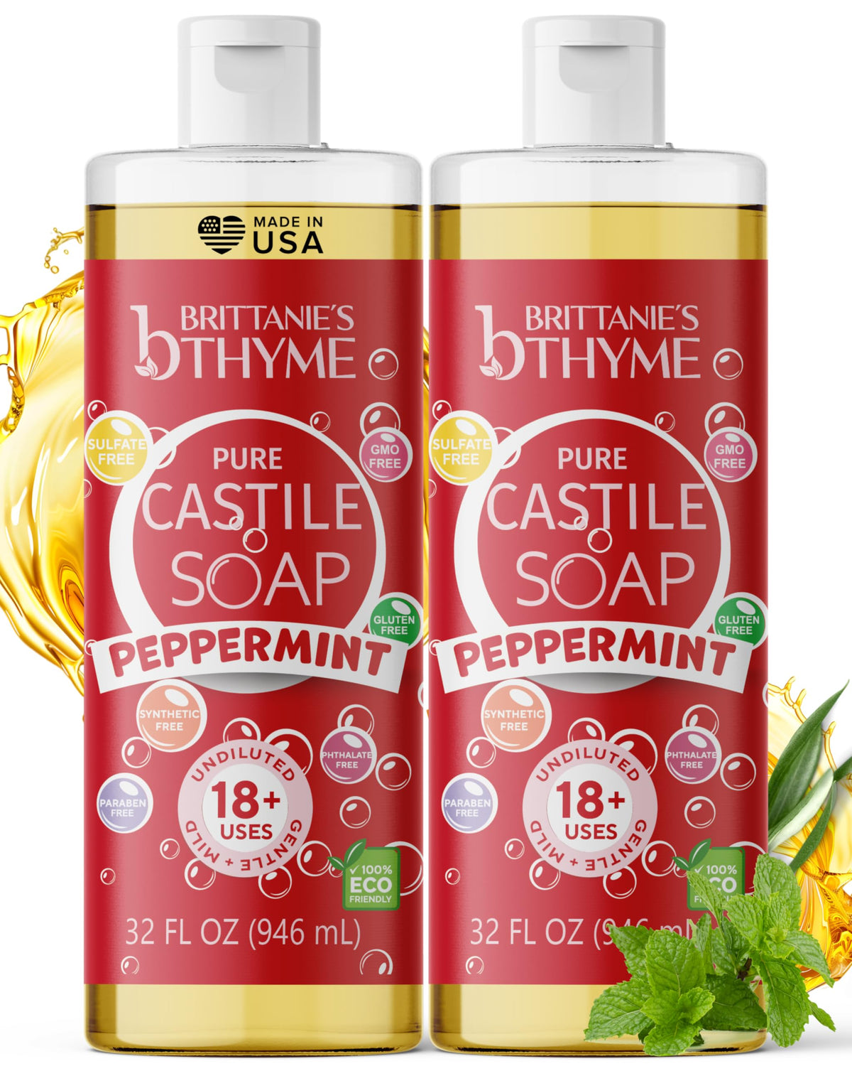Brittanie's Thyme front packaging showing two 32 oz peppermint refill bottles for value