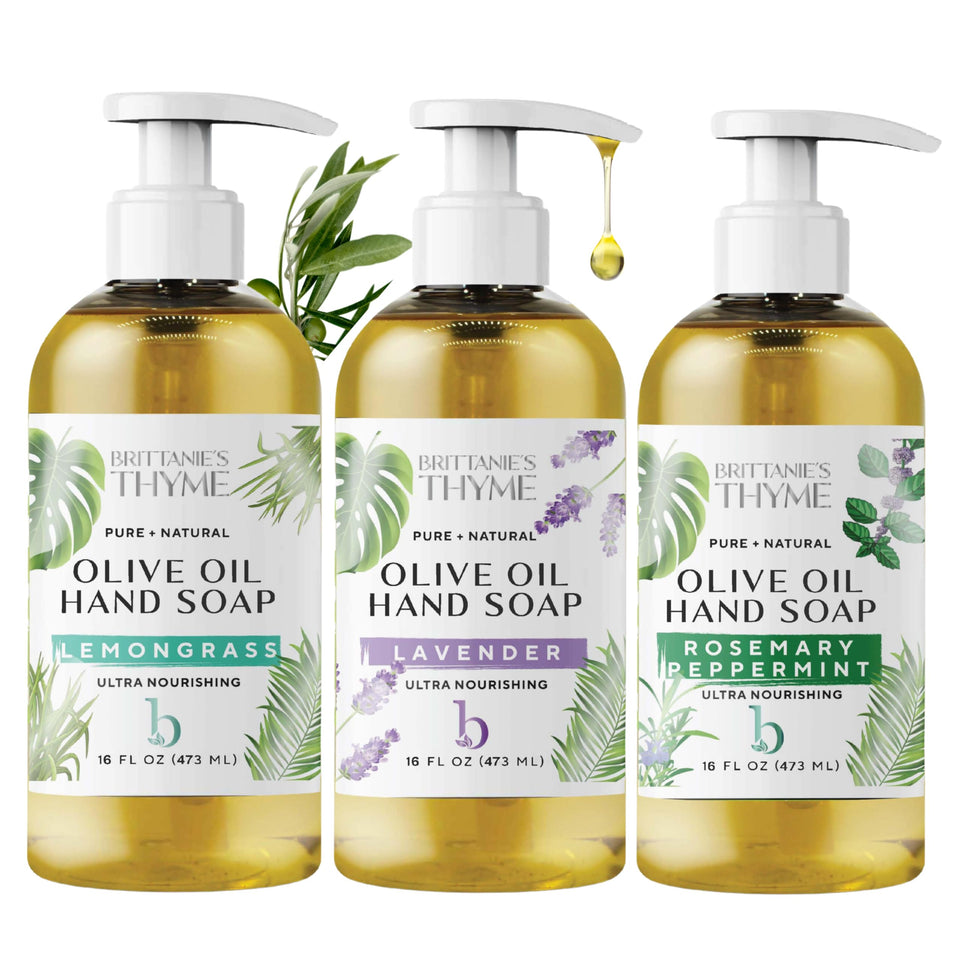 Brittanie's Thyme front packaging showing three 16oz refill bottles and scent variety benefit